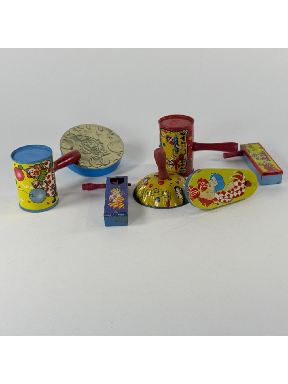 Vintage Kirchhof 1920-50  Lot of 7 Metal Tin Litho Toy USA Made Noise Makers